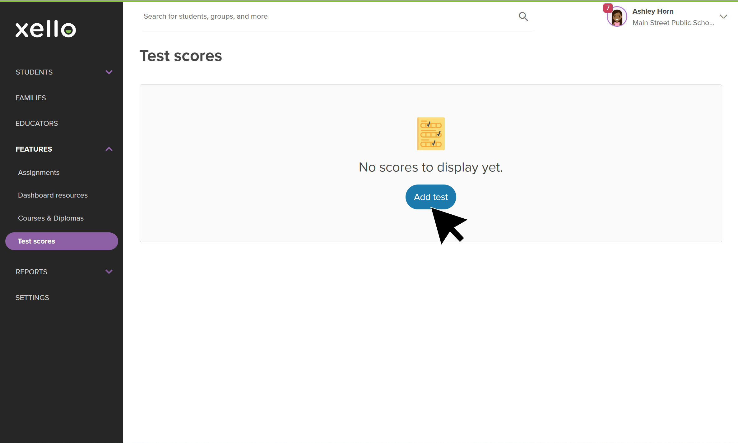 Student test score landing page in Xello with four tests. Each test has a region, the number of students with their scores uploaded, and the last dated update